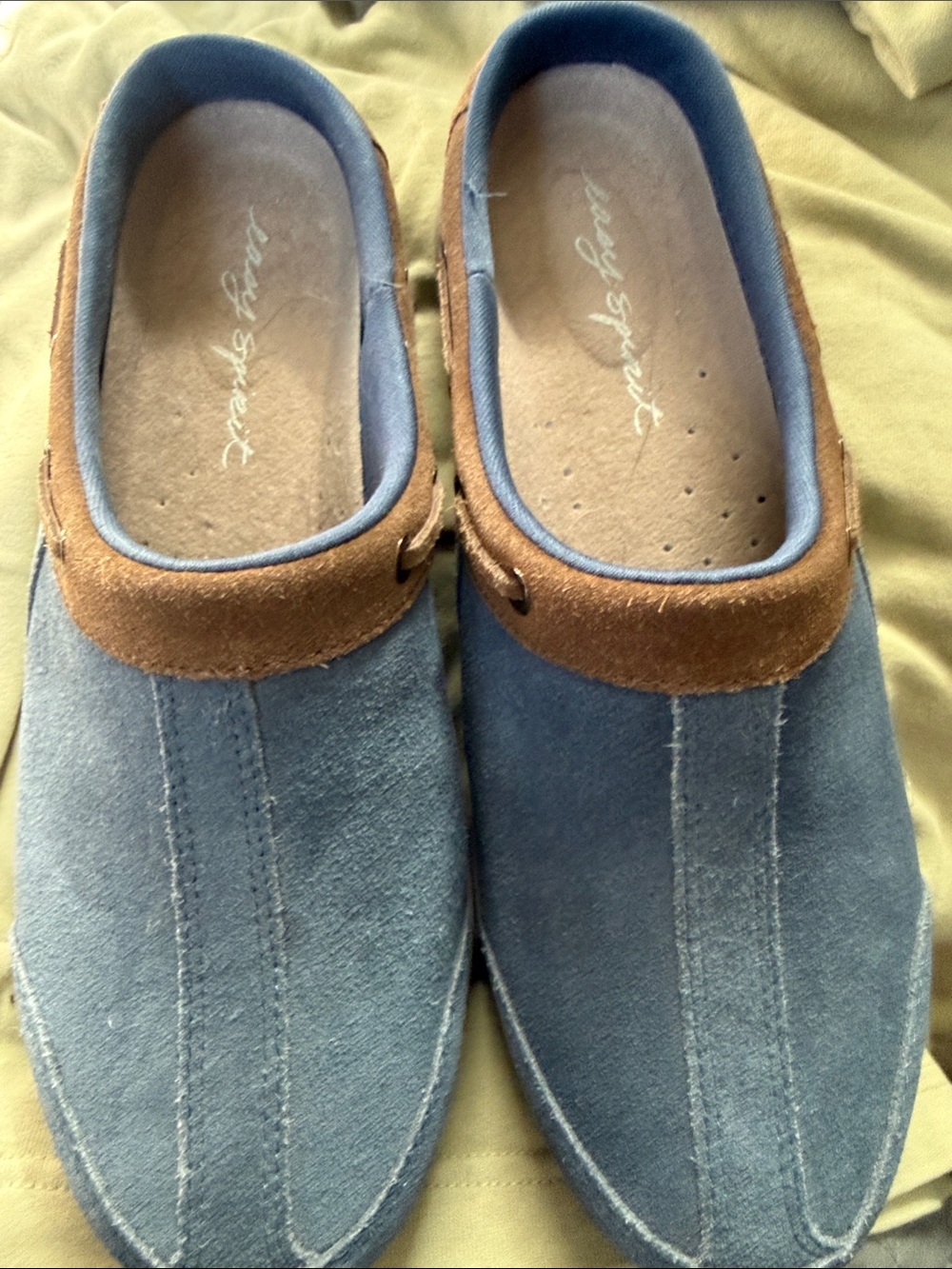 Easy Spirit Blue Suede Slip-On Loafers with Brown Trim